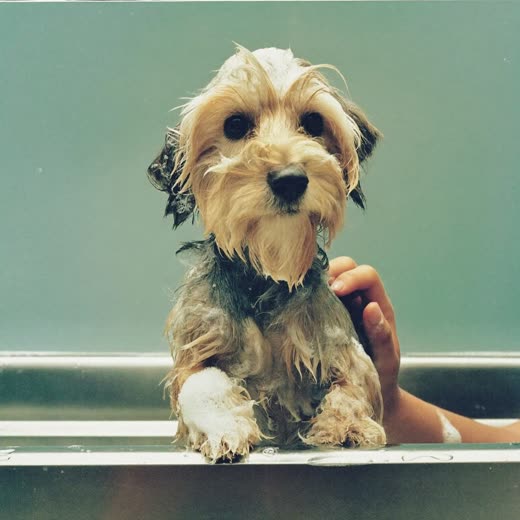 A small dog being bathed and lathered with shampoo